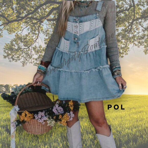POL Dresses & Skirts - POL Sweet Farmer Girl Denim & Lace Patchwork Suspender Overalls Blue Jean Dress